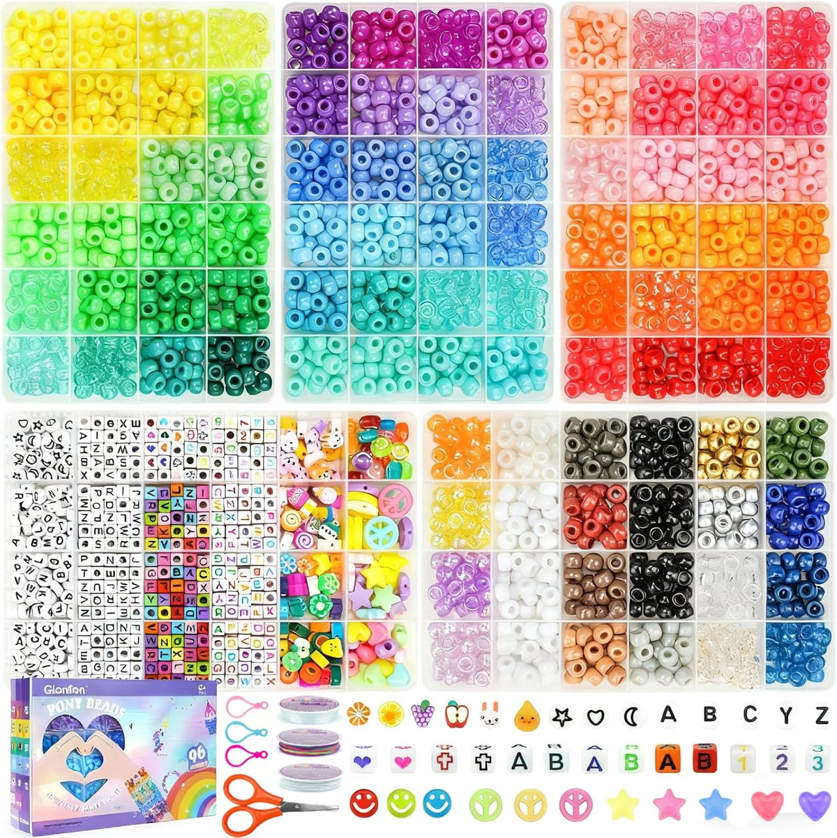 Gionlion Kit de pulsera de cuentas de poni de 96 colores, 3550 piezas, 5 cajas de pulseras de la amistad con cuentas de letras de 0.236 x 0.394 pulgadas, cuentas de arco iris para pulseras, joyería y llavero, regalo para el día de la madre