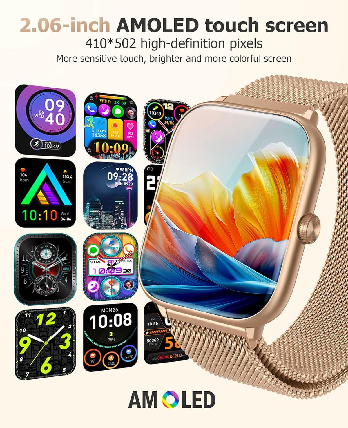 Reloj Inteligente de Lujo para Mujer, 2.06" HD AMOLED AOD Llamadas Bluetooth