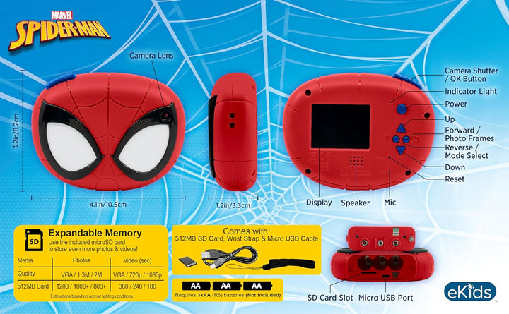 ekids Spiderman - Cámara para niños con tarjeta SD, cámara digital...