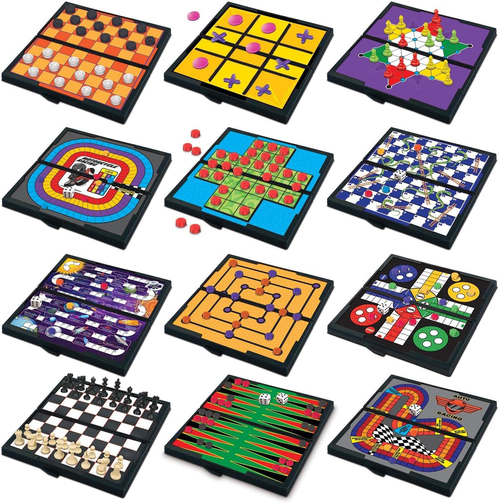 Gamie Juegos de viaje de tablero magnético para niños, incluye 12 juegos divertidos retro, diseño compacto de 5 pulgadas, artículos esenciales de viaje en caja individual para niños de 4 a 8, 8 a 12 años, viajes por carretera, avión, campamento, para toda
