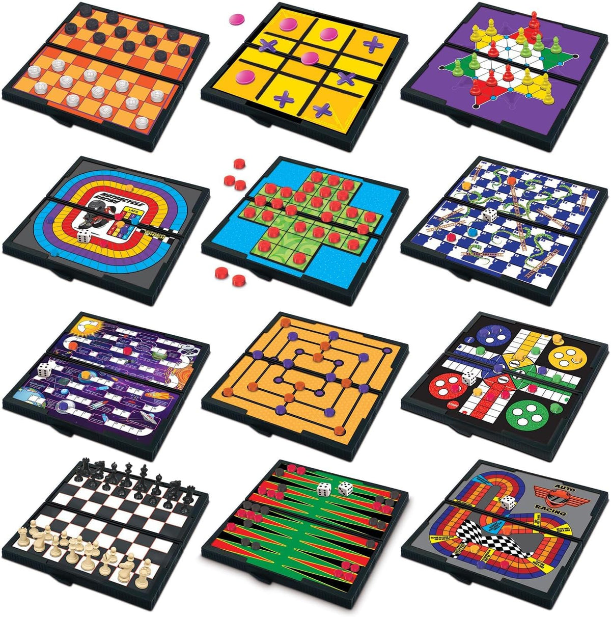 Gamie Juegos de viaje de tablero magnético para niños, incluye 12 juegos divertidos retro, diseño compacto de 5 pulgadas, artículos esenciales de viaje en caja individual para niños de 4 a 8, 8 a 12 años, viajes por carretera, avión, campamento, para toda