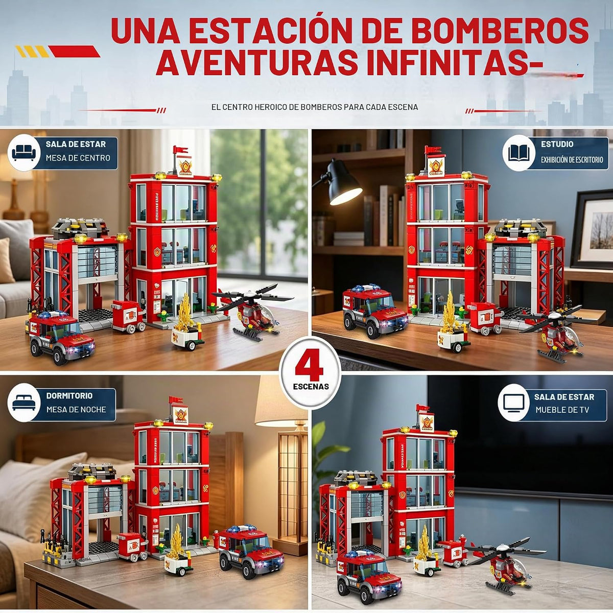 Juego de construcción de estación de bomberos de ciudad, modelo de sede del departamento de bomberos con camión de bomberos, helicóptero y dron de rescate, kit de construcción coleccionable