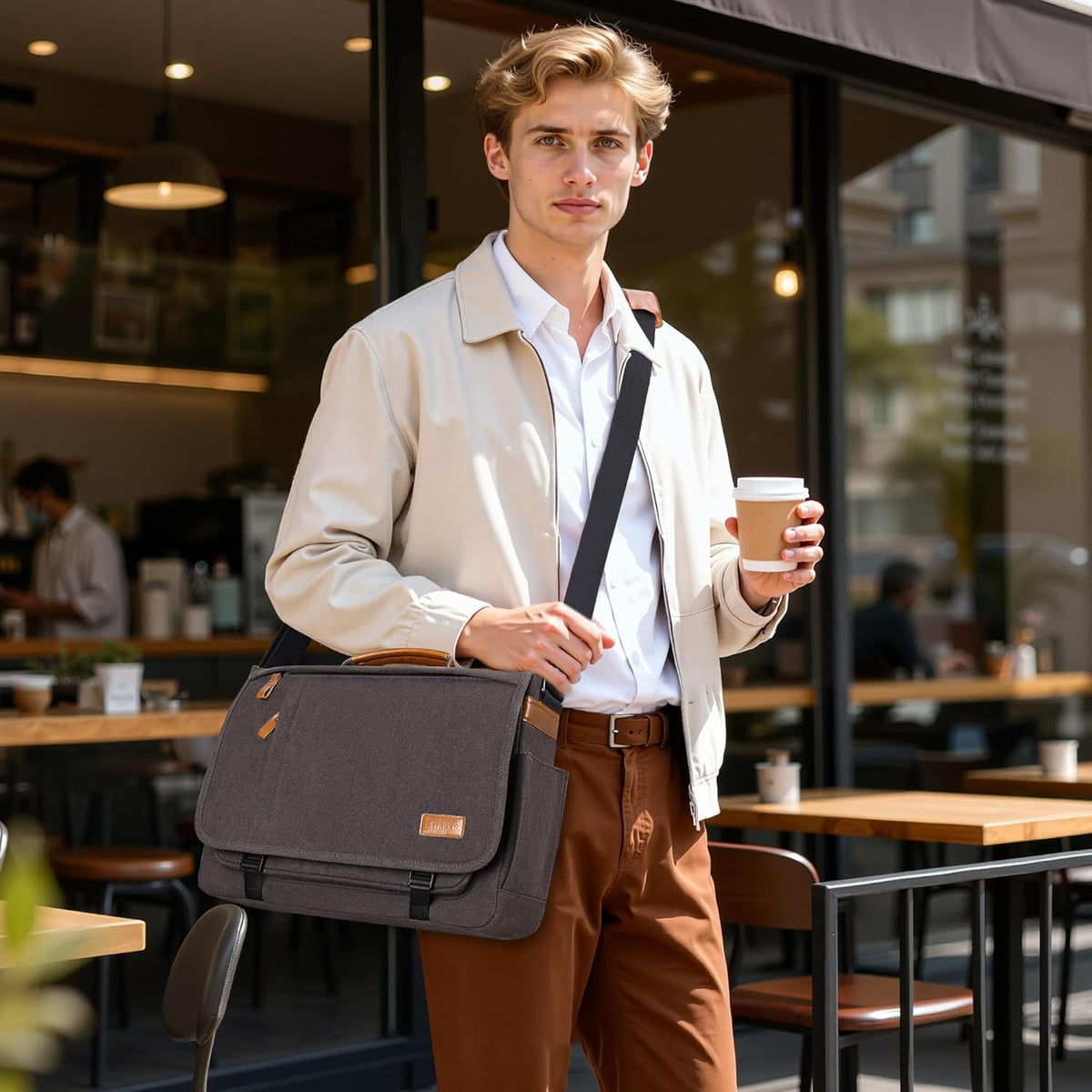 ESTARER Bolso Bandolera para Hombres 17-17.3 Pulgadas, Bolso para Laptop Resistente al Agua, de Lona, Bolso para Computadora al Hombro, Maletín para Trabajo, Universidad, Viaje, Gris