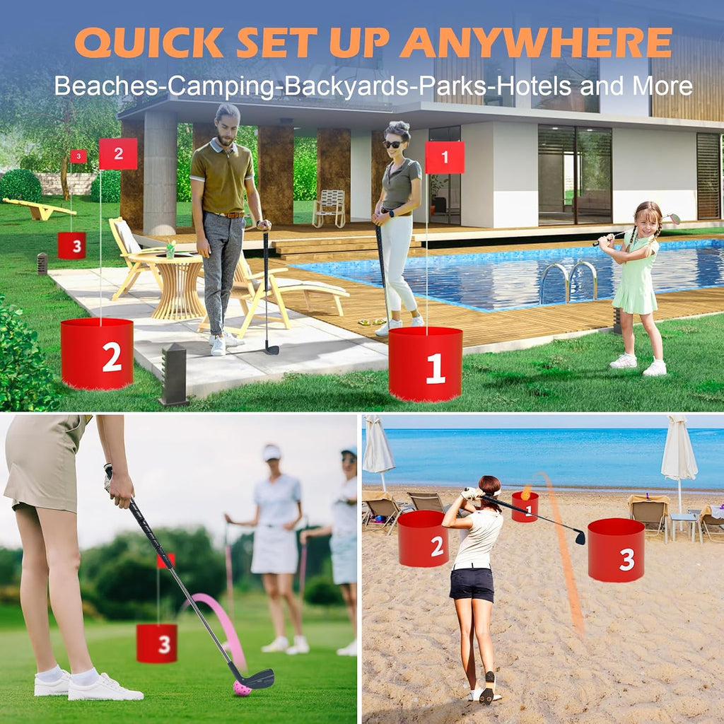 Juego de golf, juego de patio de 9 agujeros para adultos al aire libre/interior, juego de golf de batalla de plástico duradero con bolas, banderas y frisbee - para césped, playa, campamento