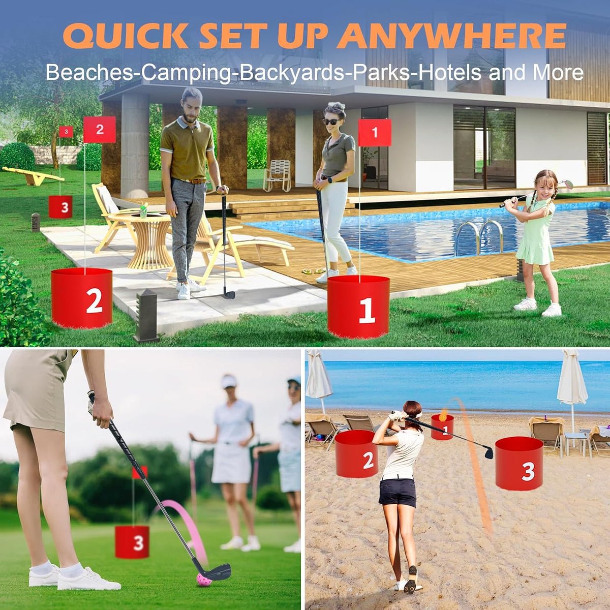 Juego de golf, juego de patio de 9 agujeros para adultos al aire libre/interior, juego de golf de batalla de plástico duradero con bolas, banderas y frisbee - para césped, playa, campamento