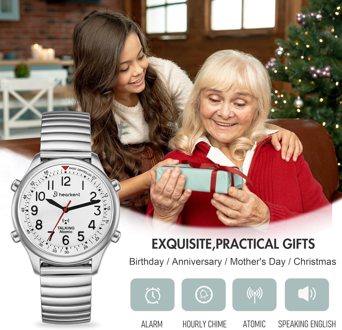 Hearkent Reloj atómico parlante para mujer, alto y claro, en inglés para personas mayores, ciegas, visualmente impariadas, regalo exquisito y elegante, 2004L