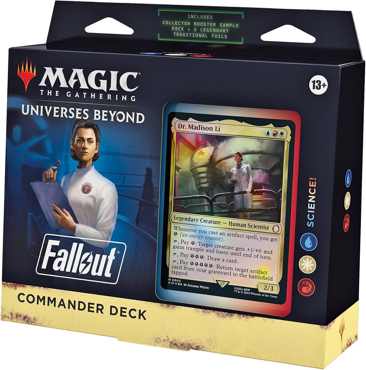 Magic: The Gathering Fallout Commander Deck - ¡Ciencia! (mazo de 100 cartas, paquete de muestra de sobre para coleccionista de 2 cartas + accesorios)