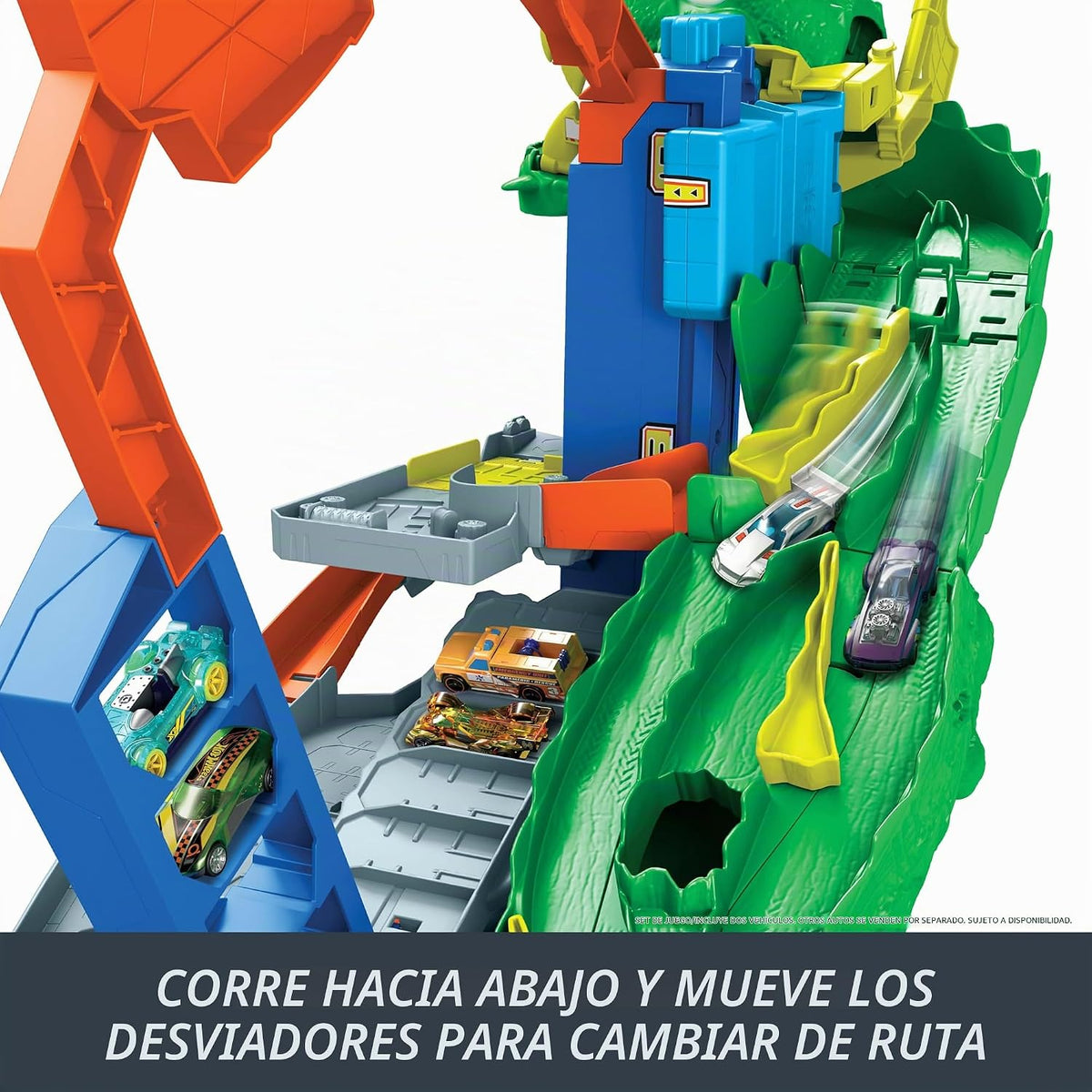 Hot Wheels Juego de pistas de autos de juguete, garaje City Ultimate T-Rex con Dino Nemesis, vehículos fundidos a presión a escala 2 1:64 y almacenamiento para mayores de 50 años, desafío de carreras