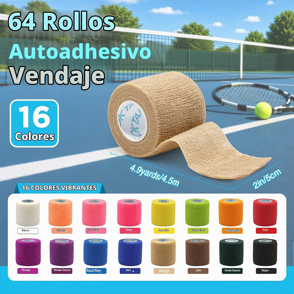OK TAPE Vendaje autoadhesivo de 2 pulgadas x 5 yardas, 64 rollos, surtido