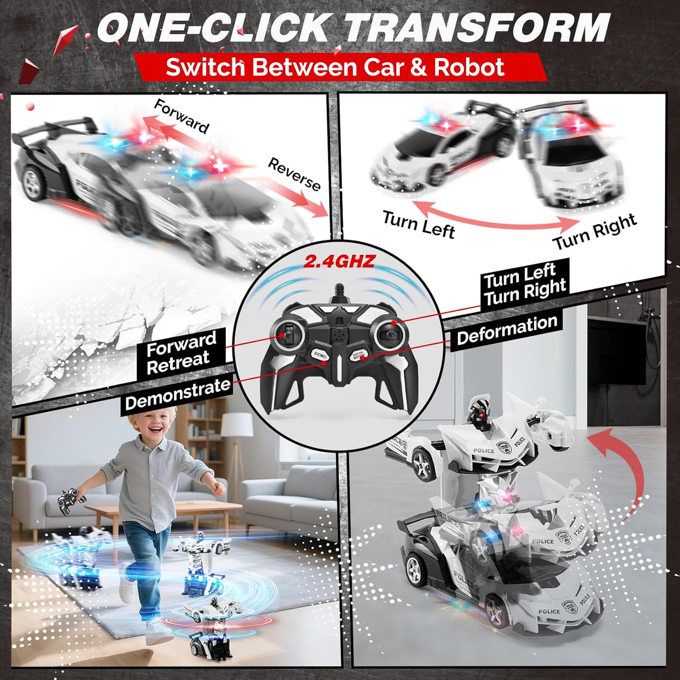 Coche Transformador de Control Remoto 2.4G, Juguete de Coche de Pol...