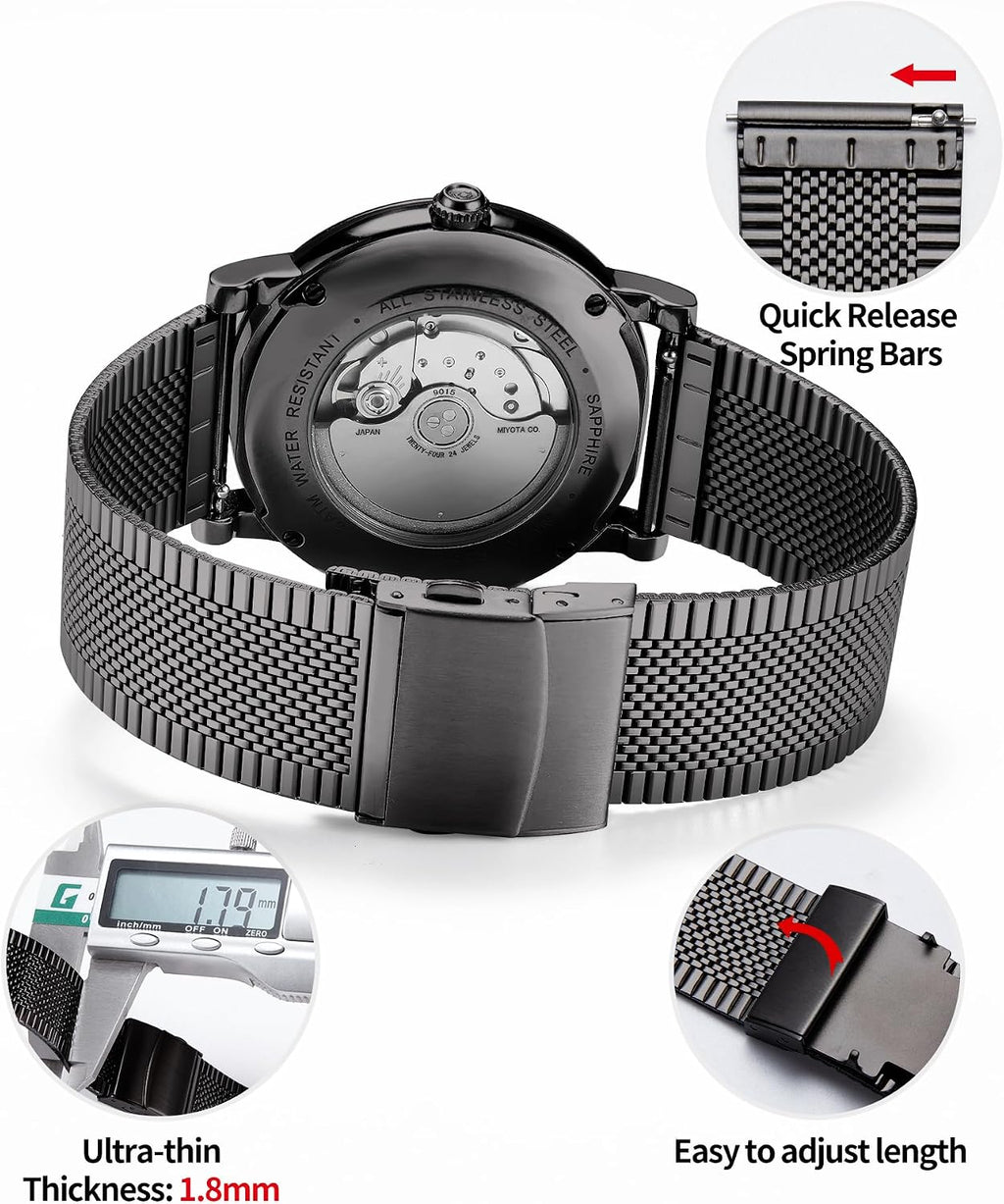 BINLUN Correas de reloj de malla de acero inoxidable de 12 mm, 14 mm, 16 mm, 18 mm, 20 mm, 22 mm, ultradelgadas, de liberación rápida, correas de reloj de metal de repuesto para hombres y mujeres, 4