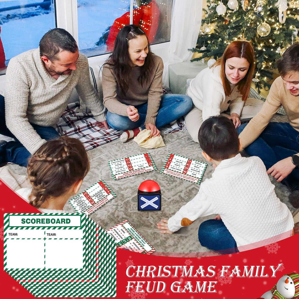 Syhood Juego de cartas navideño con 2 zumbadores de respuesta, noche de juego de preguntas familiares de Navidad, actividades divertidas de fiesta para adultos, oficina, aula, grupo grande y