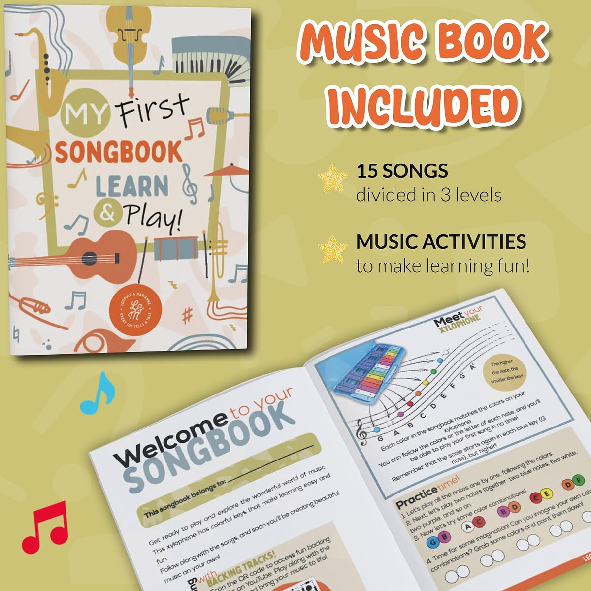Glockenspiel - Xilófono para niños, instrumento musical cromático de 25 notas con libro de canciones y videos de reproducción, teclas de metal codificadas por colores