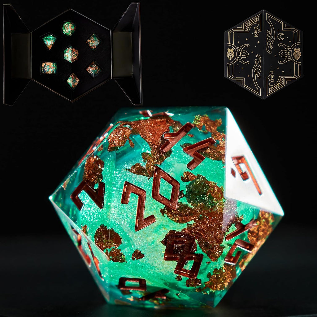 HEIMDALLR Juego de dados de núcleo líquido con la primera caja de visualización LED - Juego de 7 dados DND de borde afilado pintado a mano con caja de regalo - Juego de dados de resina de Dungeons and