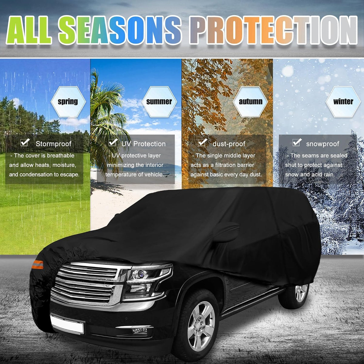 X AUTOHAUX - Funda de automóvil SUV para Chevrolet Tahoe de 4 puertas 2007-2024 al aire libre, impermeable, sol, lluvia, polvo, viento, nieve, protección 190T PU con cremallera para puerta del conductor, color negro
