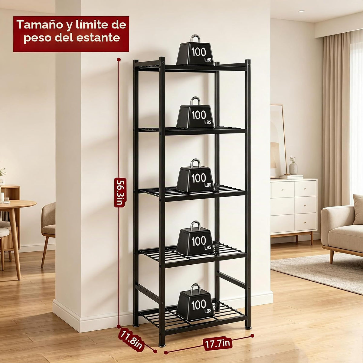 Estantes de almacenamiento, estantería de metal de 5 niveles con patas niveladoras, organizador de estantes para organización de garaje, cocina, despensa y armario, 17.7 x 11.8 x 56.3