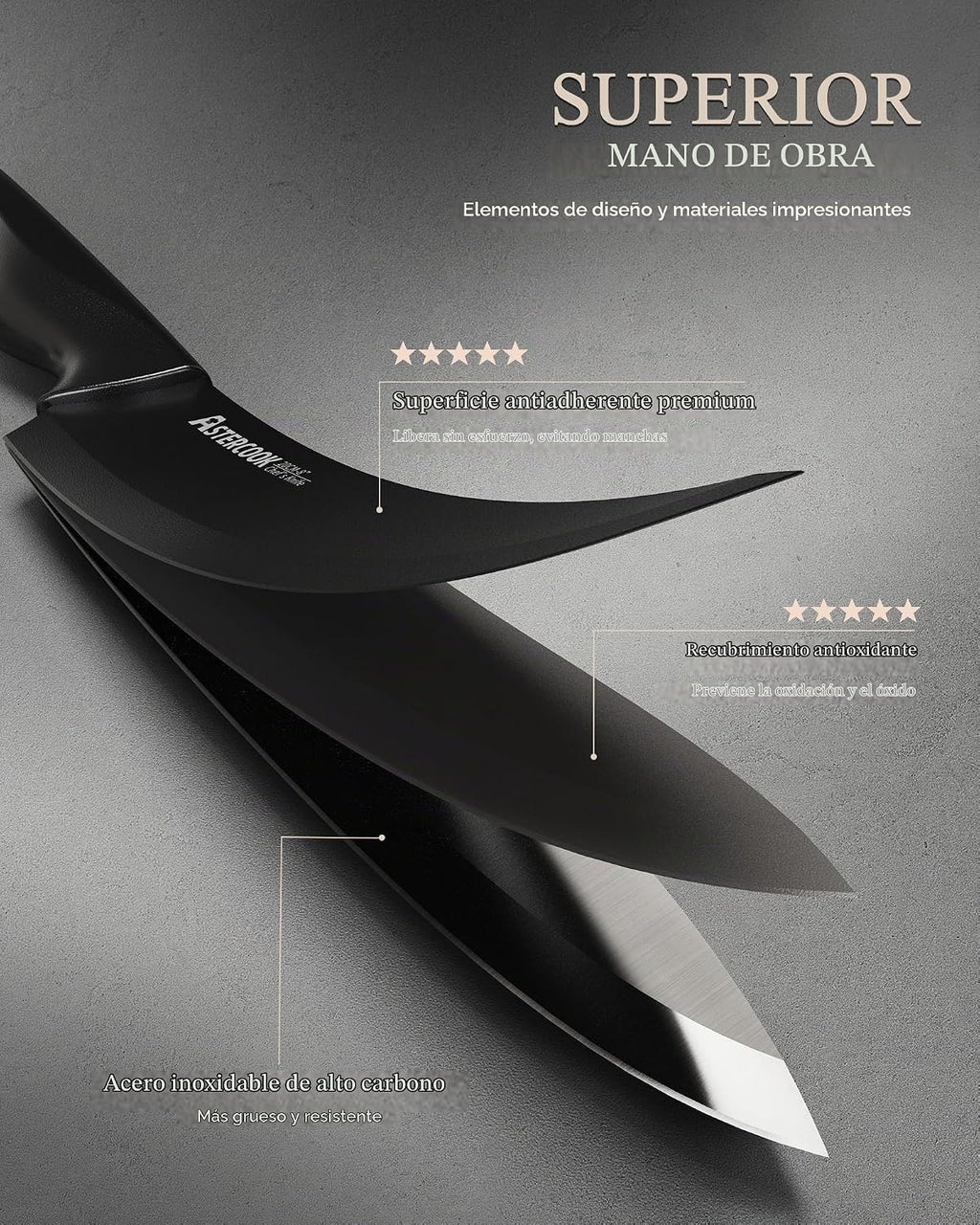 Astercook - Juego de 15 cuchillos de cocina con afilador, color negro
