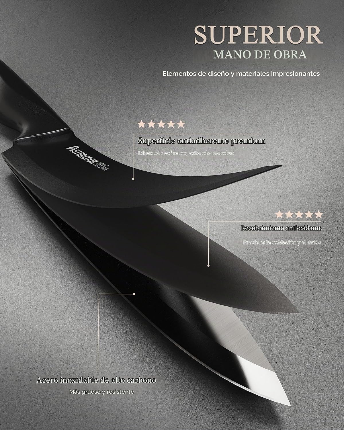 Astercook - Juego de 15 cuchillos de cocina con afilador, color negro