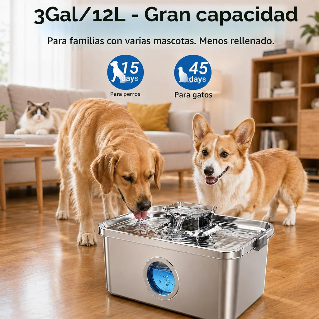 PETTEN Fuente de agua para perros de acero inoxidable de 3 galones, gran