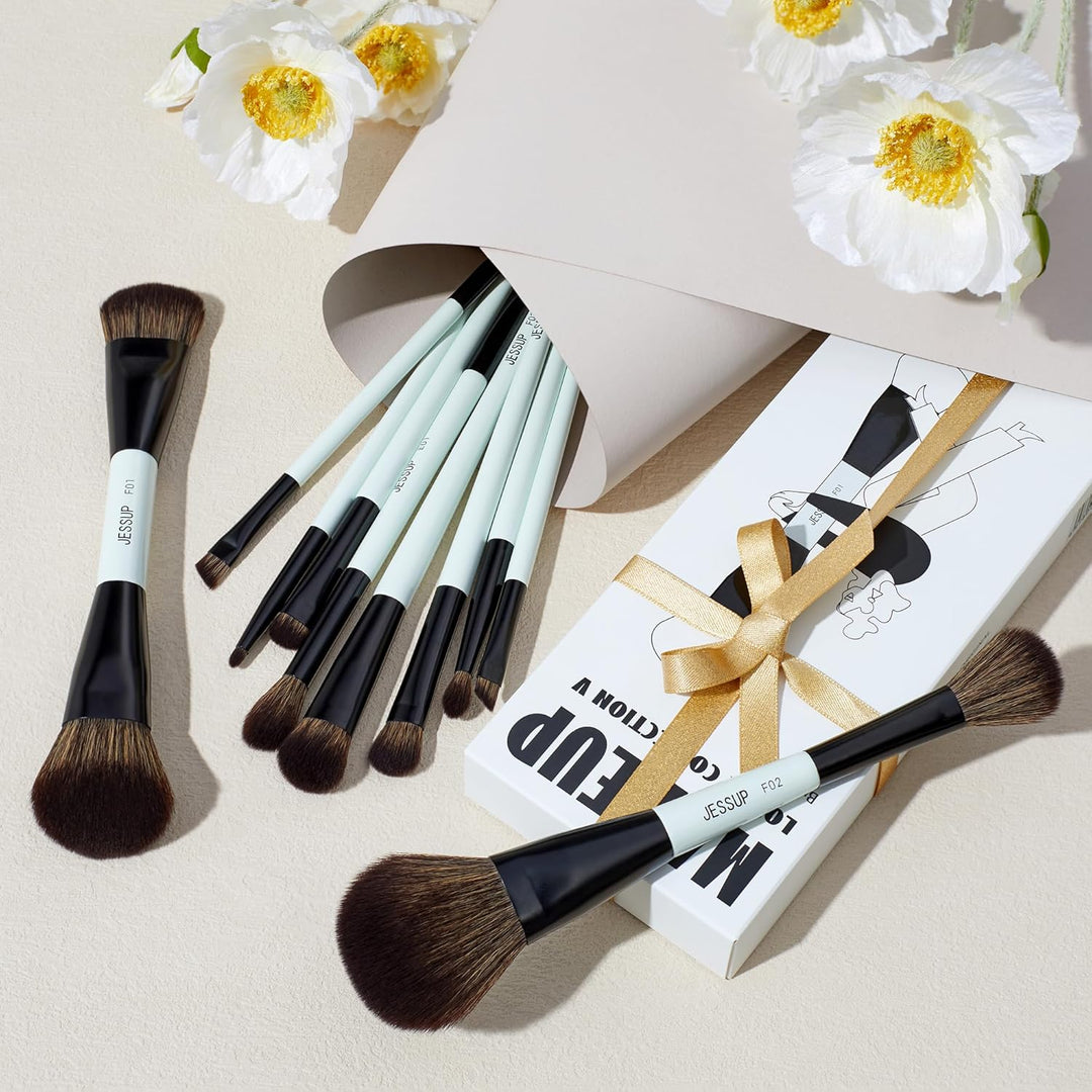 Jessup Juego de brochas de maquillaje, 10 piezas, doble cara para b...
