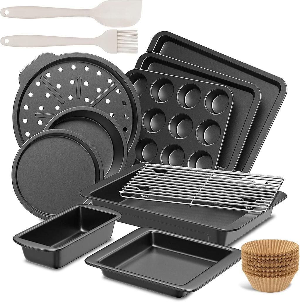 Juego de utensilios para hornear, juego de moldes para hornear, sartén antiadherente para horno para cocina con agarres más anchos, 10 piezas incluyendo rejilla, bandeja para galletas, moldes