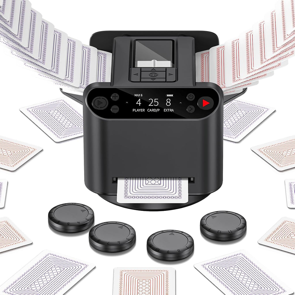 Barajador automático de cartas y distribuidor 2 en 1, máquina de distribución giratoria de 360° de 2 barajas para 12 jugadores, 4 controles remotos de dibujo, máquina barajadora de cartas recargable para póker, fase 10 (negro)