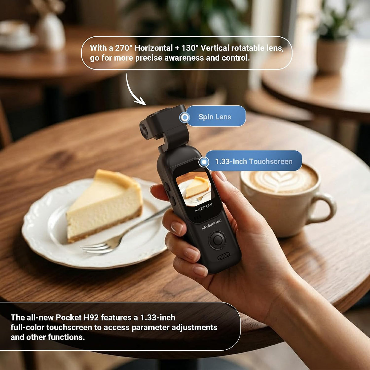 Kaysunlink Cámara de vlogging 1080P con lente giratoria de 270°, cámara de bolsillo POV de mano con pantalla táctil y WIFI, 5 horas de potencia, videocámara de grabación con un botón con tarjeta de 64