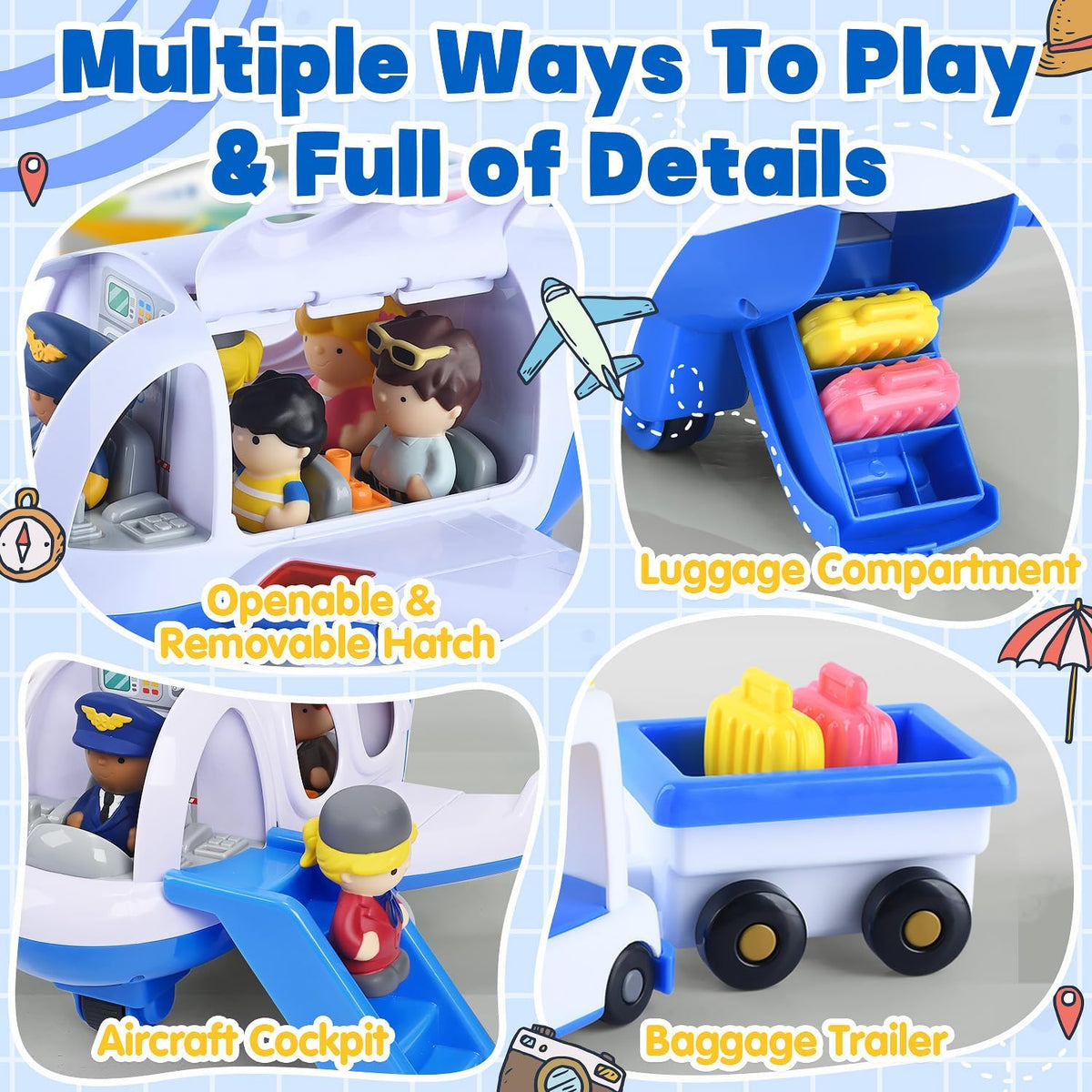 Juguetes de avión PLAY para niños - Juguetes de avión para niños pequeños, aviones de viaje para niños de 2 años en adelante con figuras pequeñas y portaequipaje, avión musical con luces para regalos