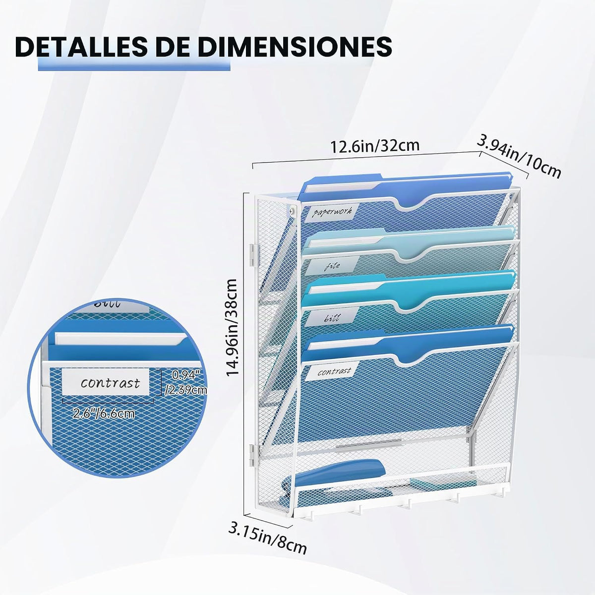 Organizador de archivos de pared de 5 niveles y organizador de correo con 5 ganchos, color blanco