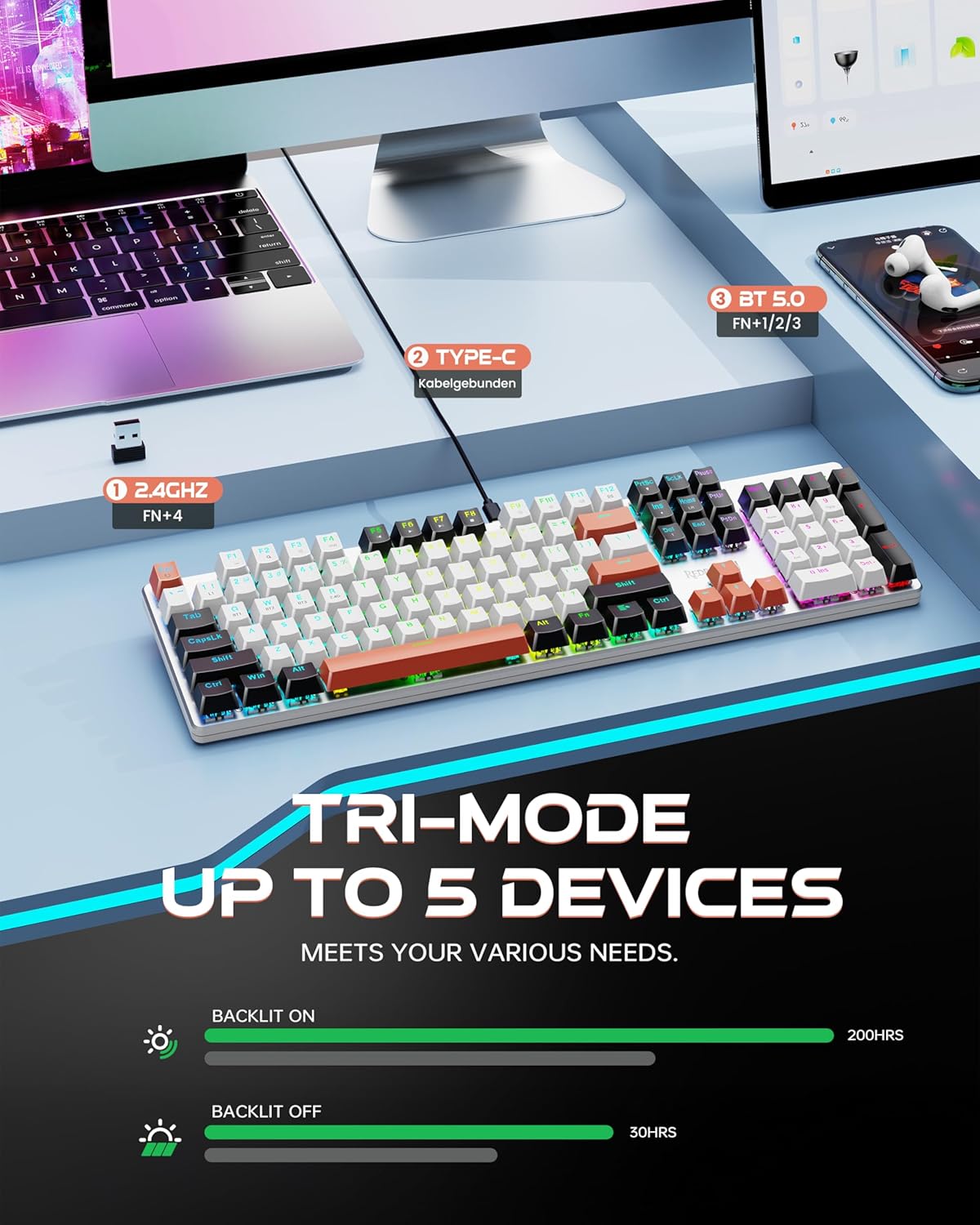 Redragon Teclado mecánico inalámbrico para juegos, triple modo BT/...
