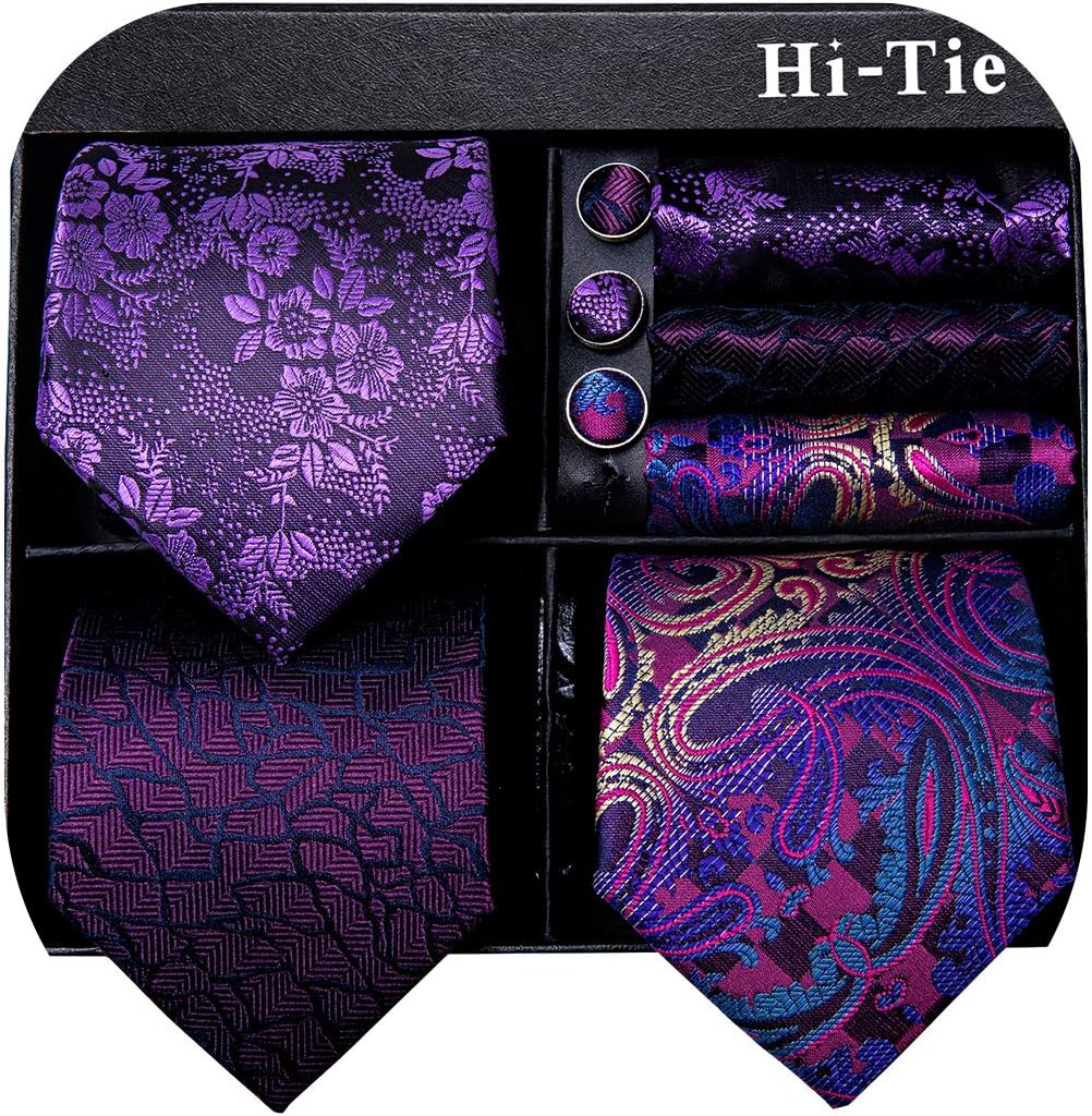 Hi-Tie - Juego de 3 piezas para hombre, incluye corbata, pañuelo de bolsillo, gemelos y pin de solapa, colección de corbata de seda