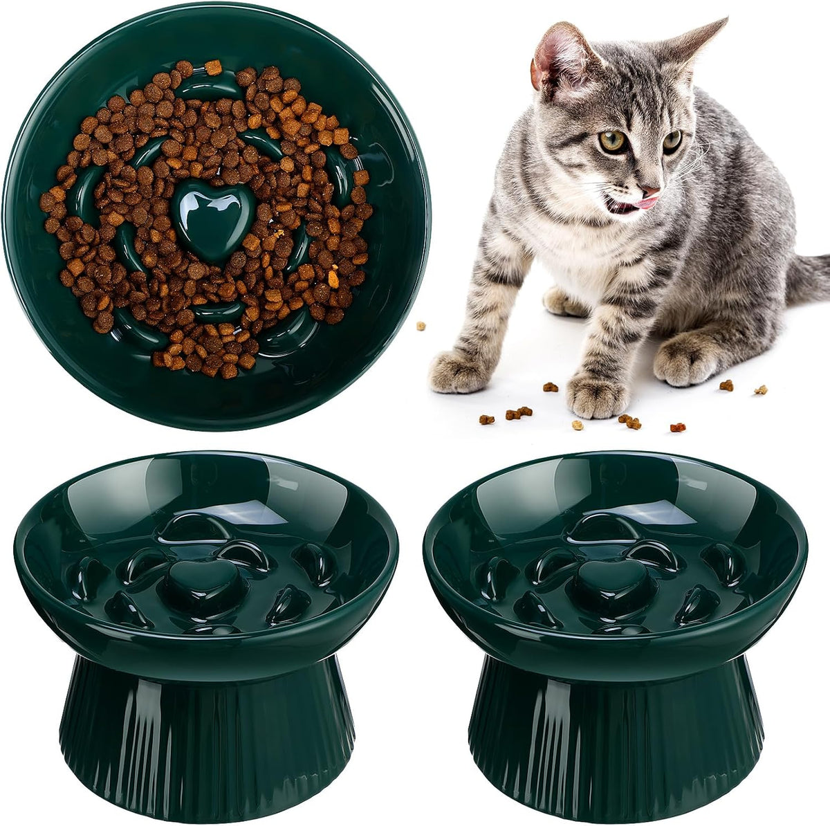 Tioncy - Cuenco elevado de cerámica para gatos (2 unidades), color verde