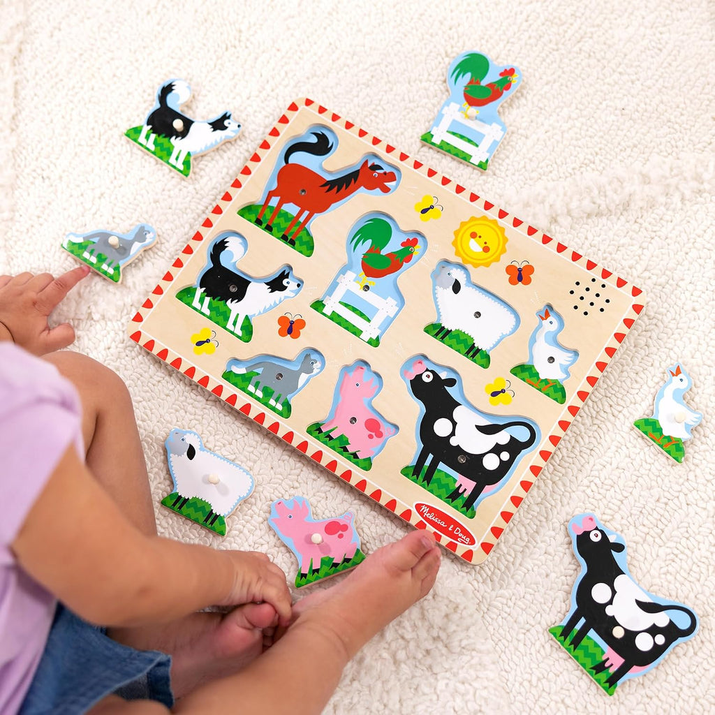 Melissa & Doug Rompecabezas de madera con sonido activado por luz, paquete de 2 unidades para niños y niñas preescolares - Animales de granja, vehículos