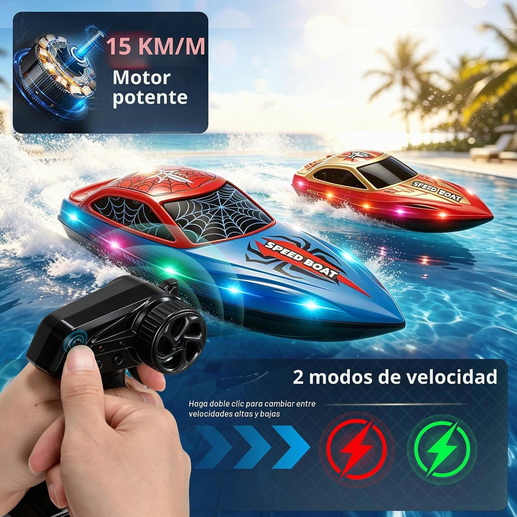 FLYING STAR Paquete de 2 barcos de control remoto de 13 pulgadas para niños, 2 baterías, barco de carreras RC de 2.4 GHz con luces LED para piscinas y lagos, juguete de agua de verano para niños de 8