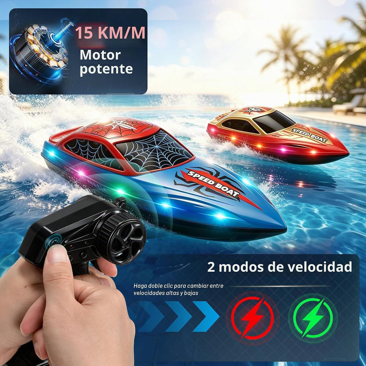 FLYING STAR Paquete de 2 barcos de control remoto de 13 pulgadas para niños, 2 baterías, barco de carreras RC de 2.4 GHz con luces LED para piscinas y lagos, juguete de agua de verano para niños de 8