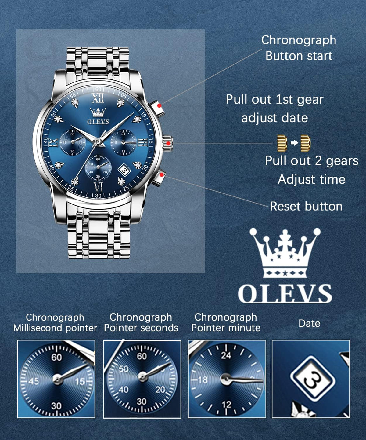 OLEVS Reloj para Hombres de Lujo de Vestir en Acero Inoxidable con Fecha Analógico y Resistente al Agua