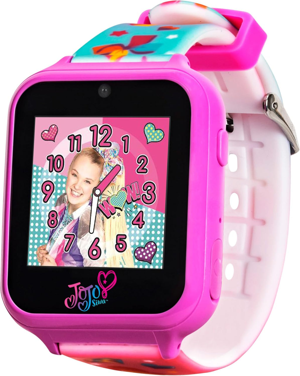 Accutime JoJo Siwa - Juego combinado de auriculares y reloj inteligente, juegos interactivos de aprendizaje, auriculares rosas ajustables, múltiples caras de reloj, ideal para niñas de 6 años en