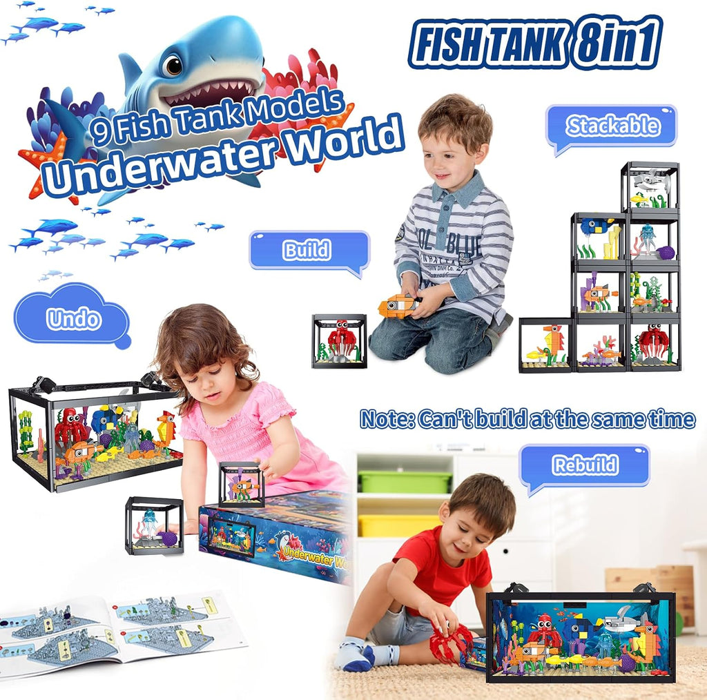 Juego de construcción de peceras 8 en 1, juguete de construcción de acuario marino con luz LED, paisaje en miniatura de animales, incluye cangrejo de pulpo, regalos de cumpleaños de Navidad para adultos, niños, niñas y niños de 6, 8, 10, 12 años en