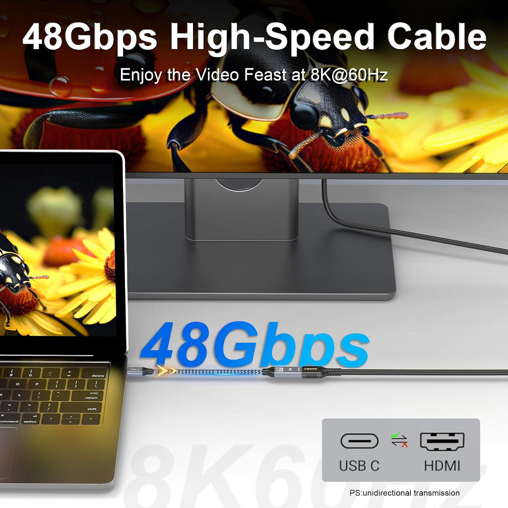 Adaptador USB C a HDMI2.1, cable tipo C a HDMI hembra, 8K @60Hz 4K @144Hz, Thunderbolt 4/5 compatible con MacBook Pro/Air, iPad Pro, iPhone 17 16, HDCP 2.3 y HDR10, 48Gbps, XPS, Galaxy S22