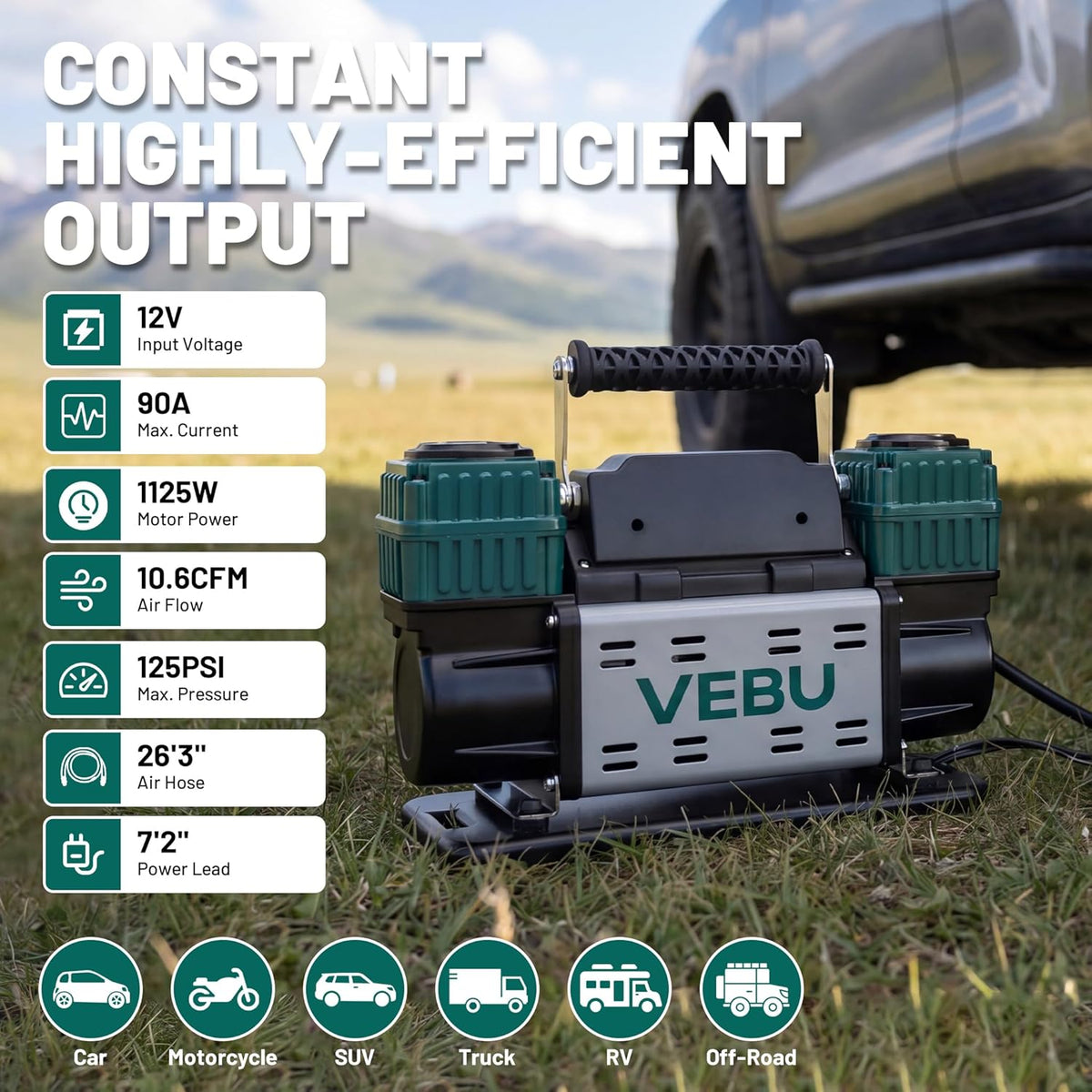 VEBU Compresor de aire resistente 12V inflador de neumáticos, cilin...