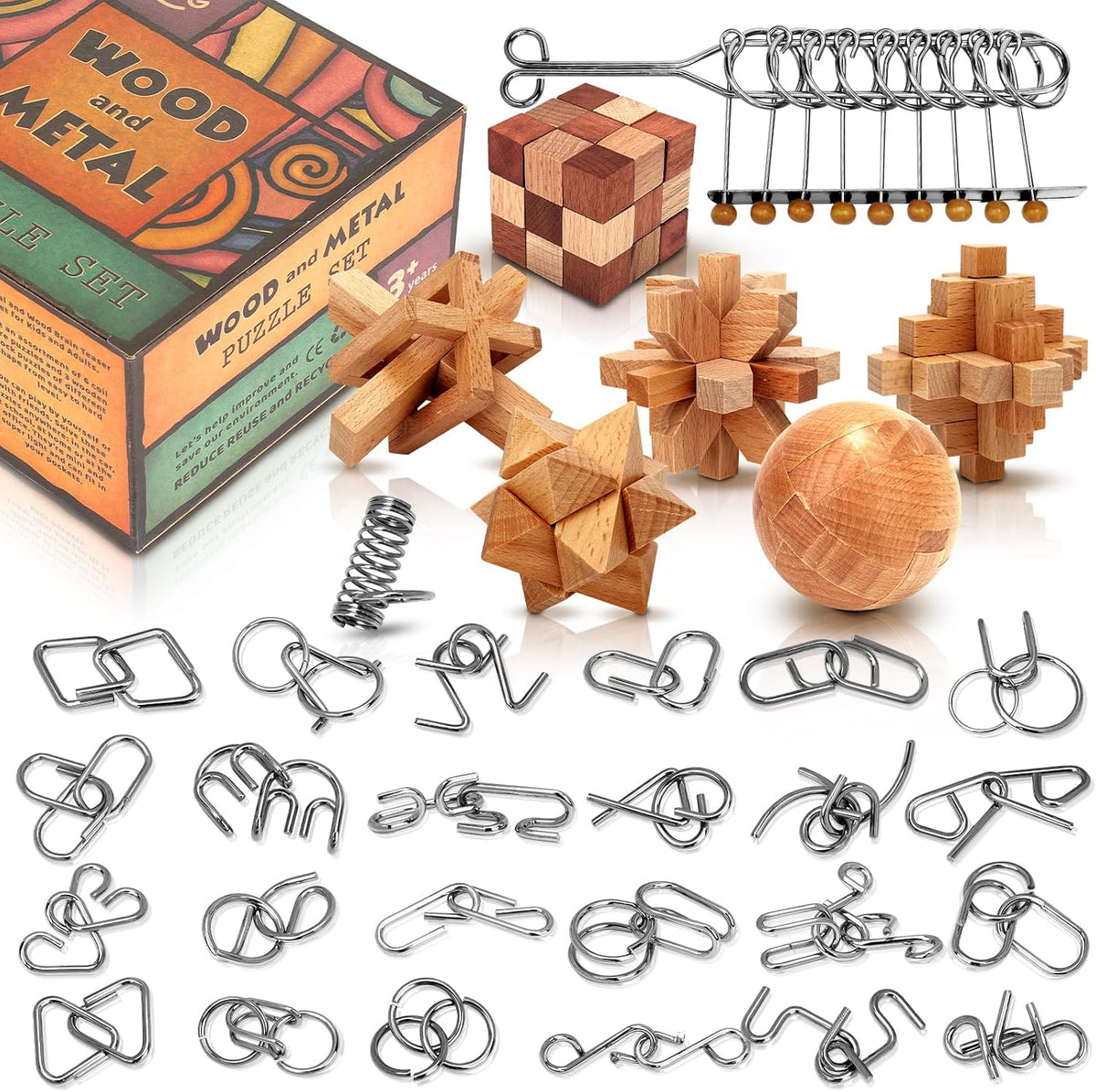 Rompecabezas de metal de madera, regalos de Pascua para niños y adolescentes, rompecabezas de cerebro desenredado de eslabones de hierro, juego de entrelazado, anillo chino, juguete mágico para recuerdos de fiesta, niños y adultos, desafío paquete de 32