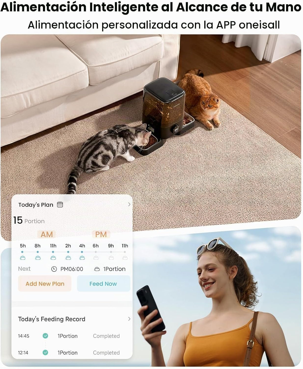 oneisall Comedero automático inalámbrico para gatos 2.4G, recargable
