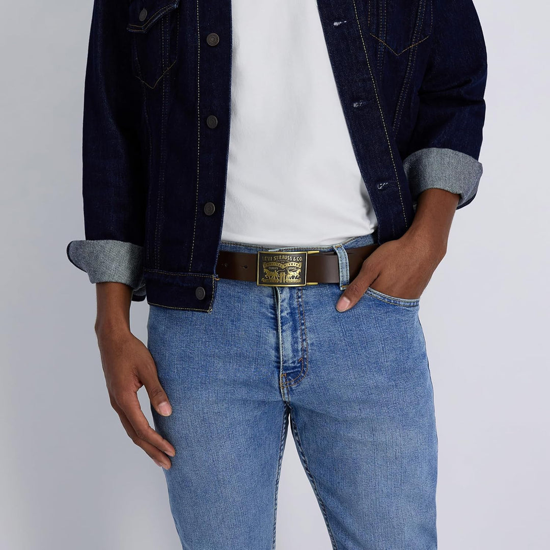 Levi's Cinturón de cuero para hombre con hebilla de placa extra...