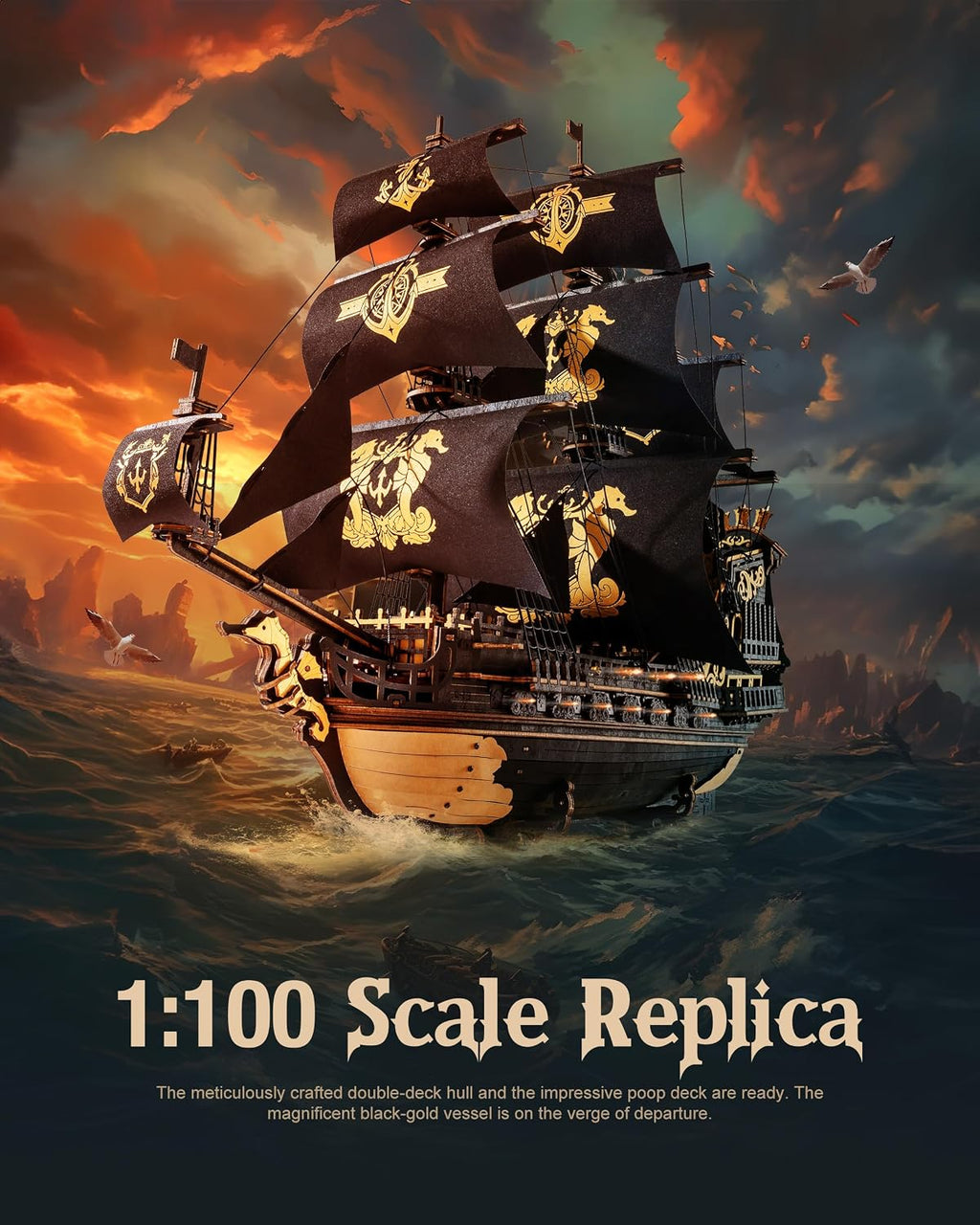 ROBOTIME Rompecabezas de madera 3D de caballito de mar para adultos, kits de modelo de velero negro para niños y hombres, decoración de oficina en casa, regalos de construcción de barcos piratas (603