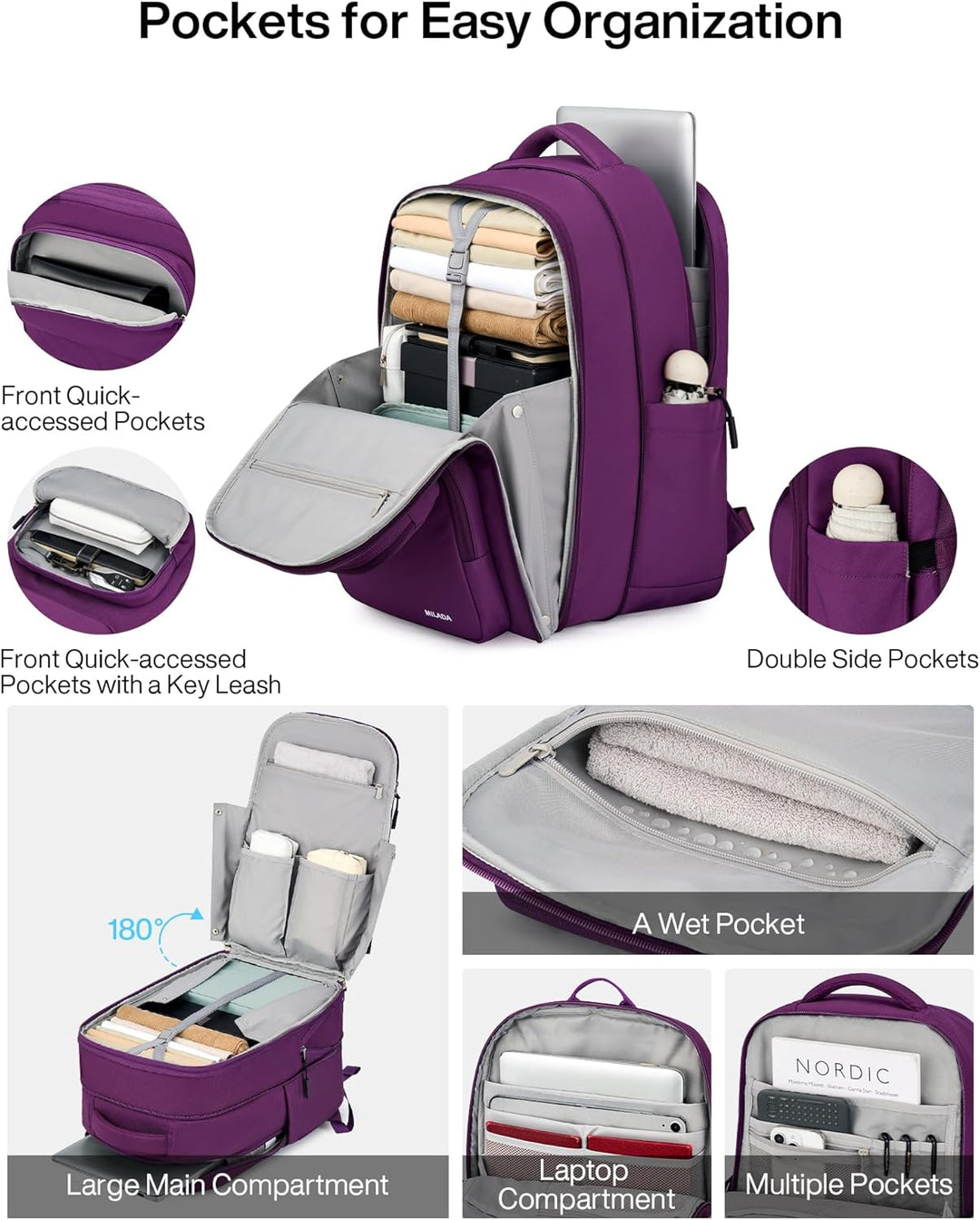 MILADA Mochila de viaje expandible de 28L a 39L, mochila de mano ap...