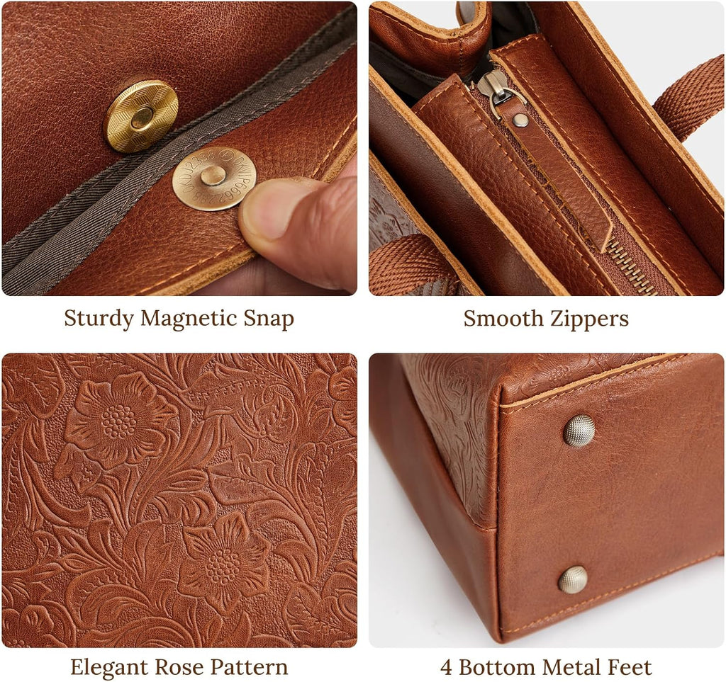 S-ZONE Bolso de mano de cuero para mujer, bolsos grandes de hombro para viajes de trabajo, bolsos de cuero genuino, patrón de rosas