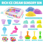 Contenedor sensorial – Juego de hornear y hacer helados con kit de arena de juego de 3.3 libras, moldes para pasteles de gofres y herramientas de arena, tienda de juguetes de helado