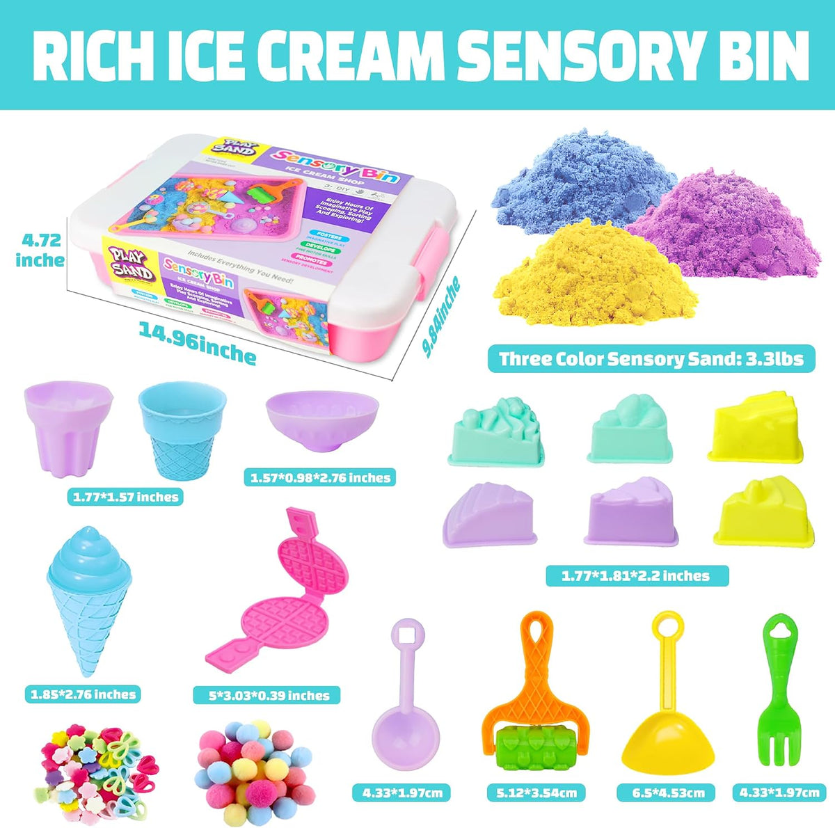 Contenedor sensorial – Juego de hornear y hacer helados con kit de arena de juego de 3.3 libras, moldes para pasteles de gofres y herramientas de arena, tienda de juguetes de helado