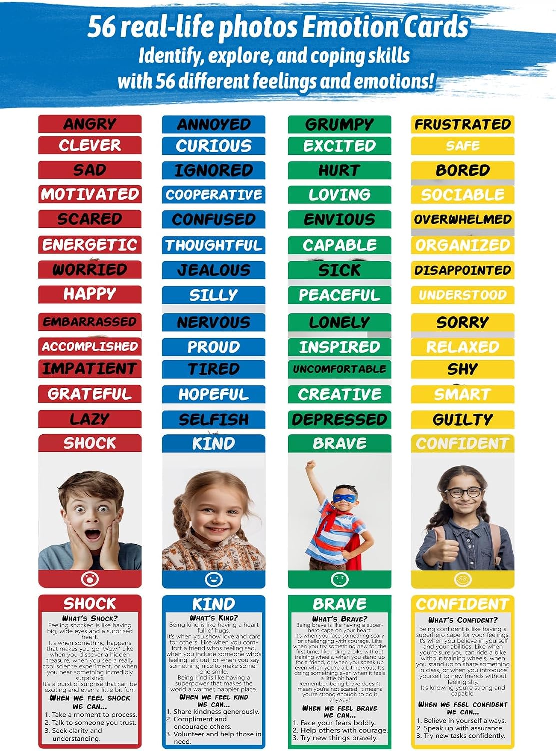 Garybank Actividades de aprendizaje social emocional para niños, juego de conexión de sentimientos con 56 tarjetas de emociones, juguetes de terapia de juego para consejeros escolares, habilidades