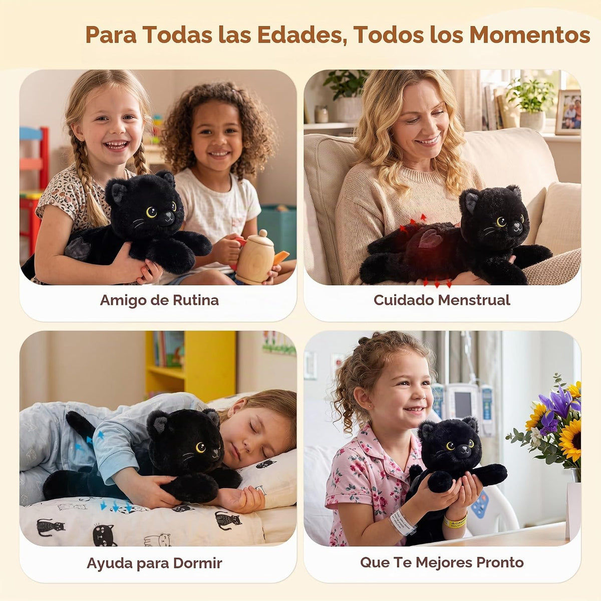 Onsoyours Peluches originales de gato negro calentables y pesados, peluche de gatito de 15 pulgadas para microondas para calidez y comodidad, juguetes de peluche suaves para niños y adultos